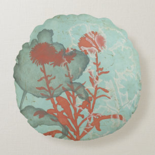 Silhouette of Red Flowers on Teal Background Round Pillow