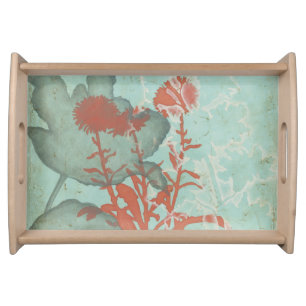 Silhouette of Red Flowers on Teal Background Serving Tray