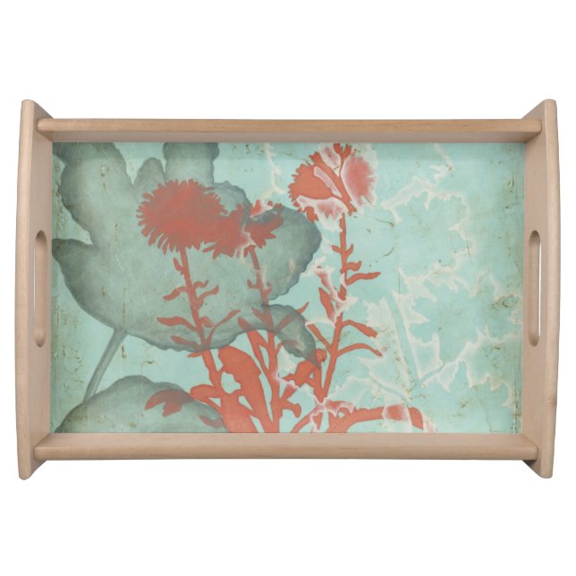 Silhouette of Red Flowers on Teal Background Serving Tray (Front)