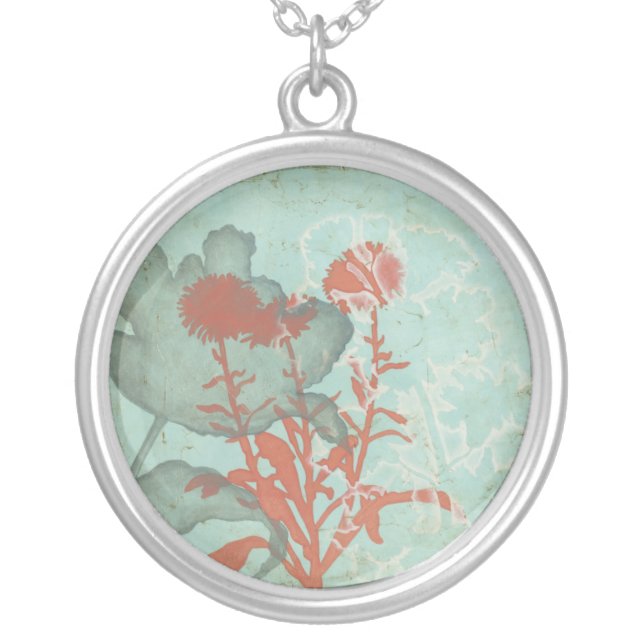 Silhouette of Red Flowers on Teal Background Silver Plated Necklace (Front)