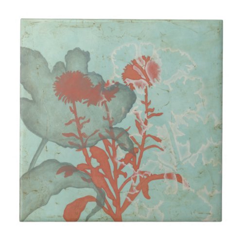 Silhouette of Red Flowers on Teal Background Tile