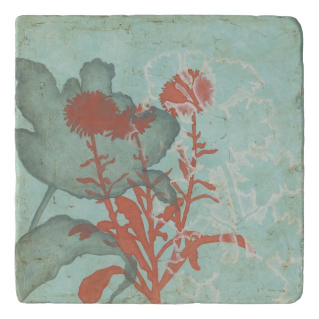 Silhouette of Red Flowers on Teal Background Trivet (Front)