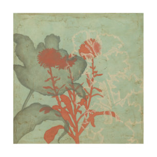 Silhouette of Red Flowers on Teal Background Wood Wall Decor