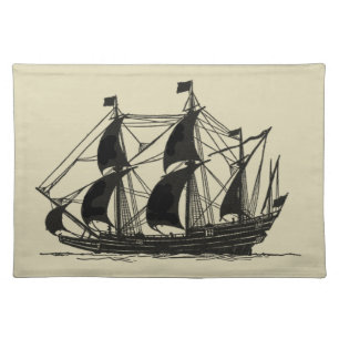 Silhouette of Ship with Billowing Sails Cloth Placemat