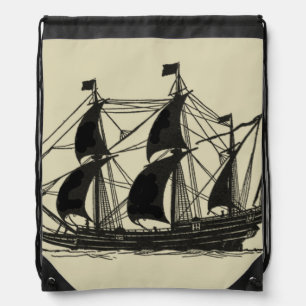 Silhouette of Ship with Billowing Sails Drawstring Bag