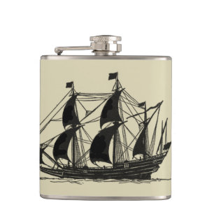 Silhouette of Ship with Billowing Sails Flask