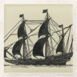 Silhouette of Ship with Billowing Sails Glass Coaster