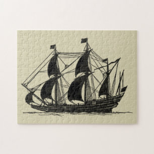 Silhouette of Ship with Billowing Sails Jigsaw Puzzle