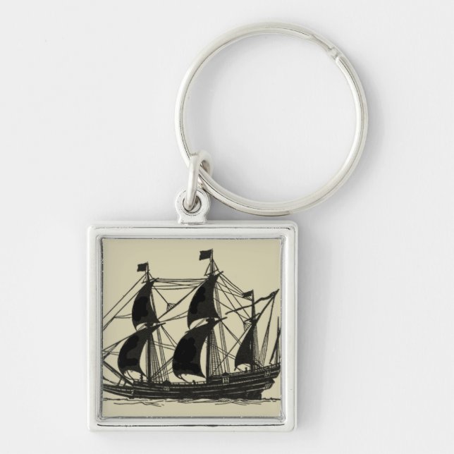 Silhouette of Ship with Billowing Sails Keychain (Front)