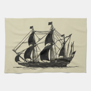 Silhouette of Ship with Billowing Sails Kitchen Towel