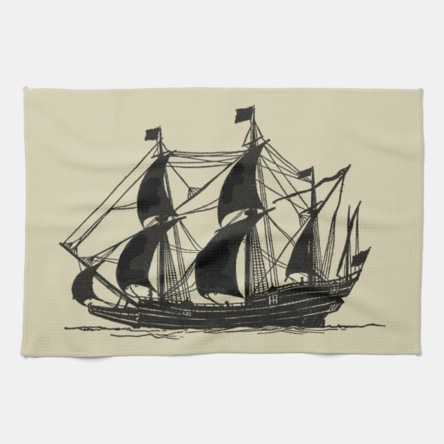 Silhouette of Ship with Billowing Sails Kitchen Towel (Horizontal)