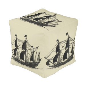 Silhouette of Ship with Billowing Sails Pouf