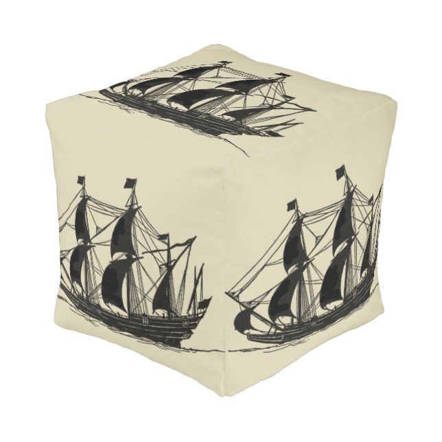 Silhouette of Ship with Billowing Sails Pouf (Angled Front)