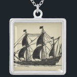 Silhouette of Ship with Billowing Sails Silver Plated Necklace<br><div class="desc">Handsome silhouette of a sailing ship with billowing sails. You can even see a few figures standing on the deck,  monitoring the progress of the ship or just enjoying the cool sea breeze. Anyone who loves the sea should purchse this piece!</div>