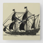 Silhouette of Ship with Billowing Sails Square Wall Clock