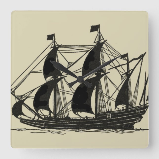 Silhouette of Ship with Billowing Sails Square Wall Clock (Front)