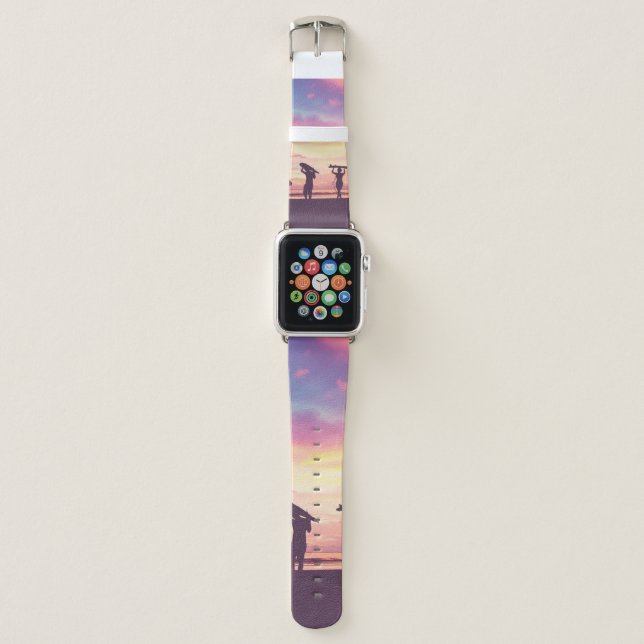 Silhouette Of surfer people carrying their surfboa Apple Watch Band (Front)
