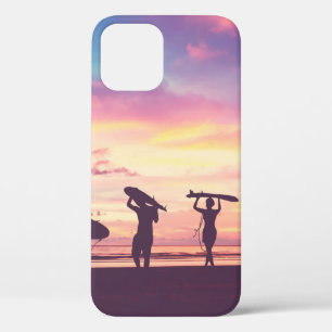 Silhouette Of surfer people carrying their surfboa iPhone 12 Case