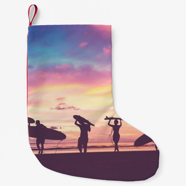 Silhouette Of surfer people carrying their surfboa Small Christmas Stocking (Front)