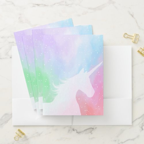 Silhouette Of Unicorn On Pastel Rainbow Background Pocket Folder