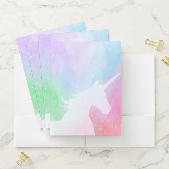 Silhouette Of Unicorn On Pastel Rainbow Background Pocket Folder Zazzle Com