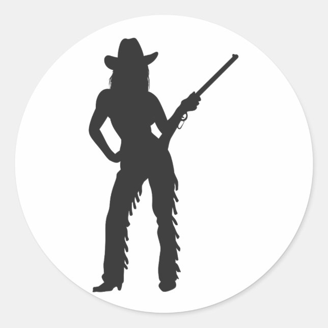 Silhouette of Western Cowgirl Classic Round Sticker (Front)