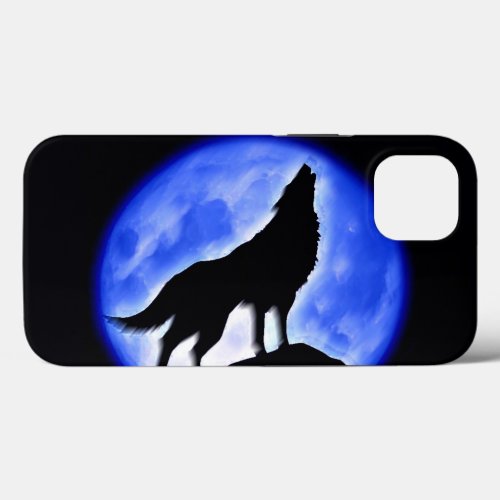 Silhouette of Wolf Howling at Moon in Blue Night iPhone 13 Case