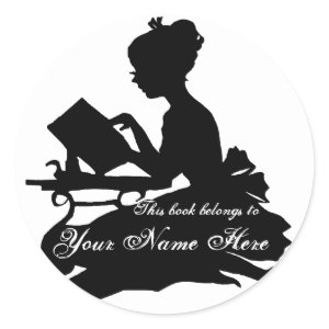 Silhouette of Young Girl Reading Bookplate sticker