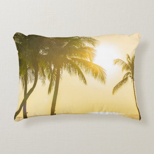 Silhouette Palm Tree Ocean Sunset Accent Pillow