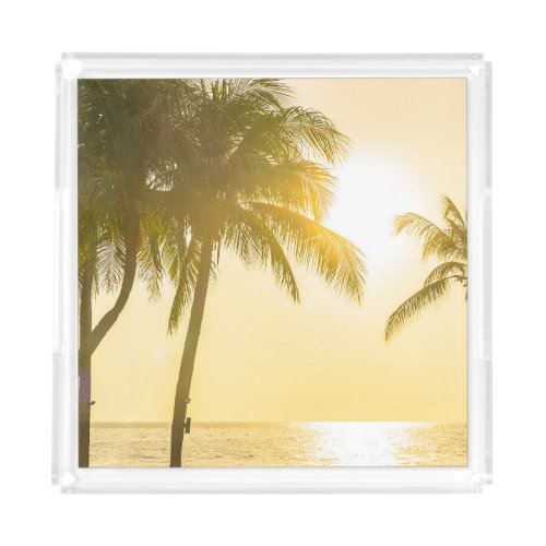Silhouette Palm Tree Ocean Sunset Acrylic Tray