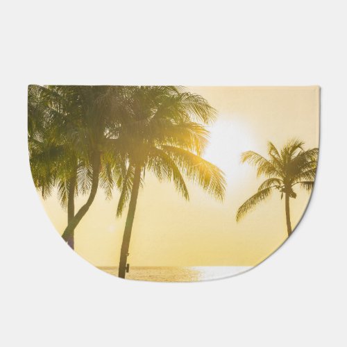 Silhouette Palm Tree Ocean Sunset Doormat