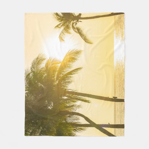 Silhouette Palm Tree Ocean Sunset Fleece Blanket