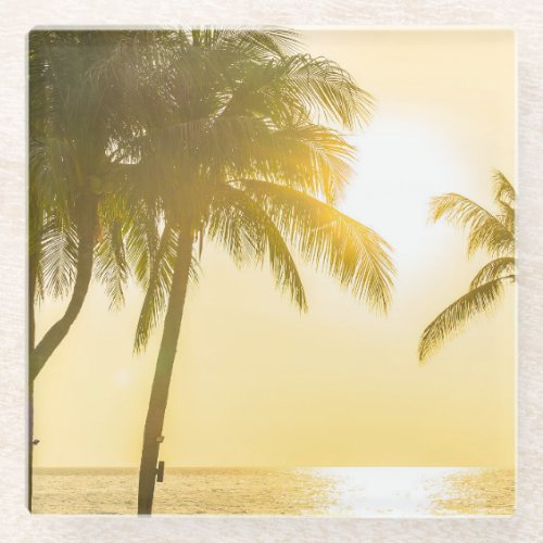 Silhouette Palm Tree Ocean Sunset Glass Coaster
