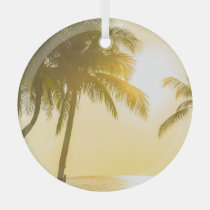 Silhouette Palm Tree: Ocean Sunset. Glass Ornament