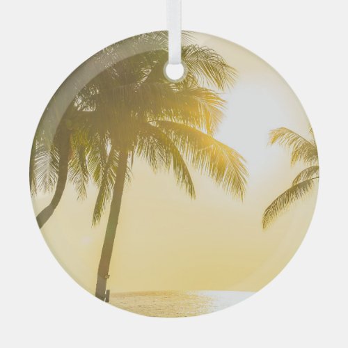 Silhouette Palm Tree Ocean Sunset Glass Ornament