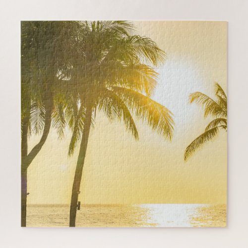 Silhouette Palm Tree Ocean Sunset Jigsaw Puzzle