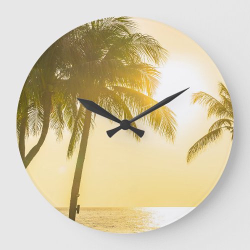 Silhouette Palm Tree Ocean Sunset Large Clock