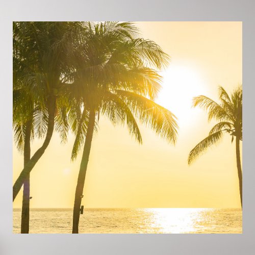 Silhouette Palm Tree Ocean Sunset Poster