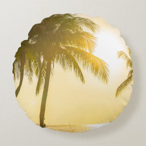 Silhouette Palm Tree Ocean Sunset Round Pillow