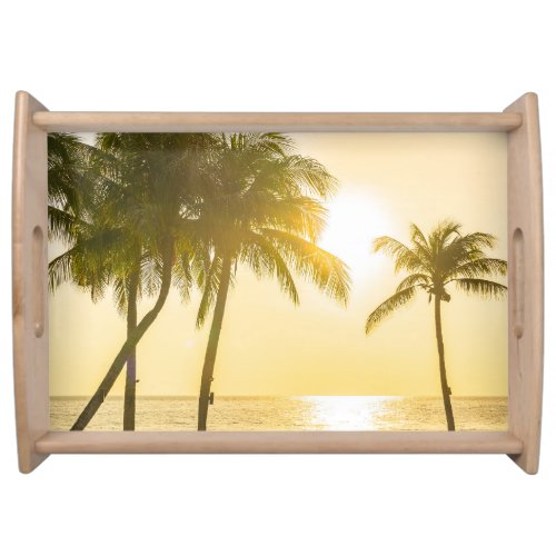 Silhouette Palm Tree Ocean Sunset Serving Tray