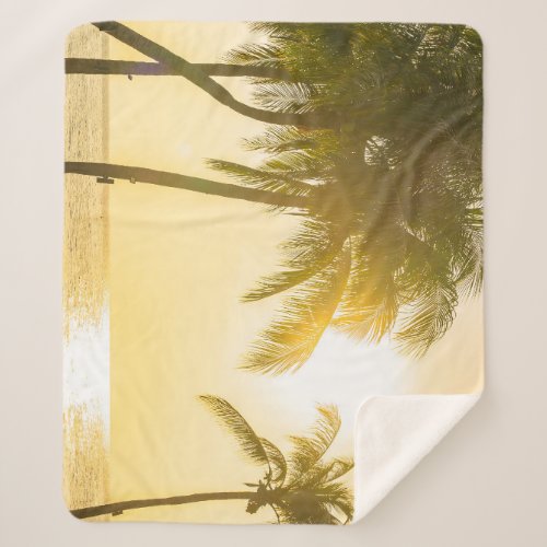 Silhouette Palm Tree Ocean Sunset Sherpa Blanket