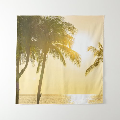 Silhouette Palm Tree Ocean Sunset Tapestry