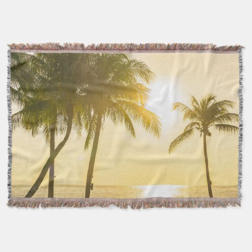 Silhouette Palm Tree Ocean Sunset Throw Blanket