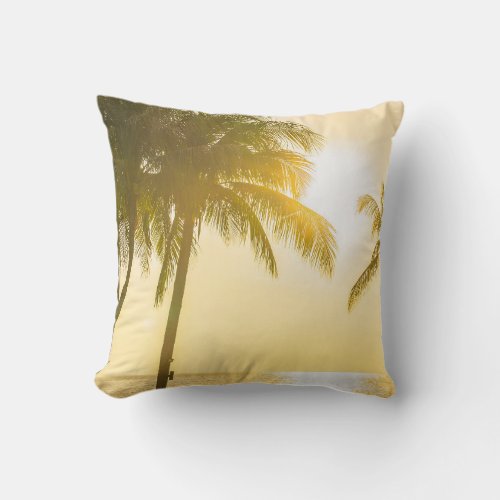 Silhouette Palm Tree Ocean Sunset Throw Pillow