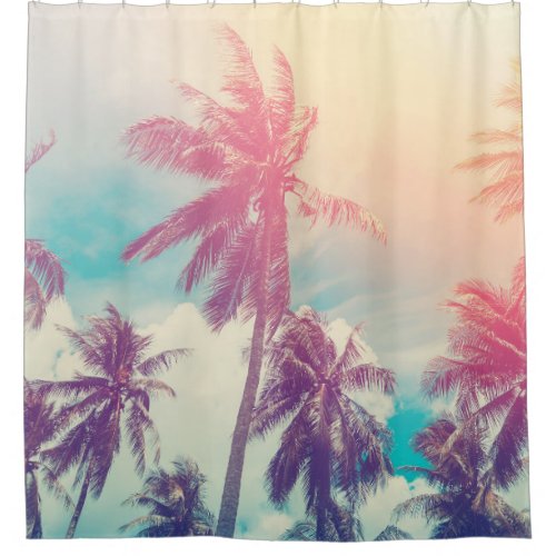 Silhouette palm trees sunset abstract shower curtain