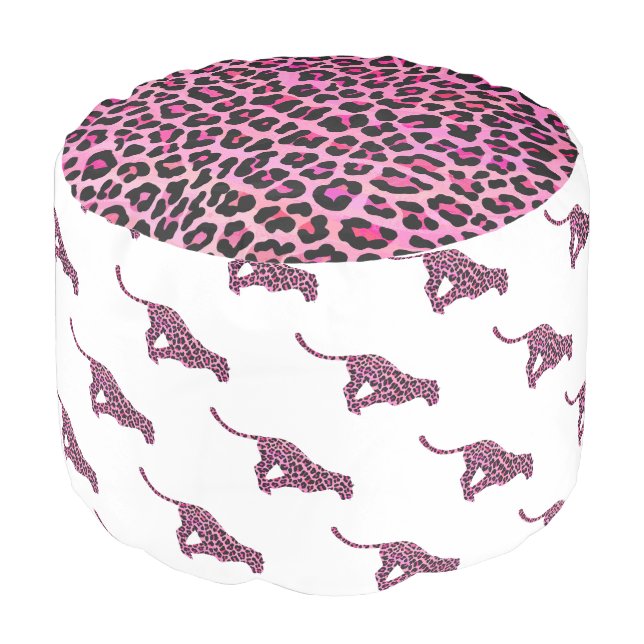 Silhouette Pink and Black Leopard Pouf (Angled Front)