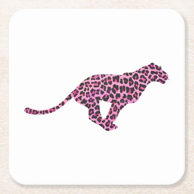 Silhouette Pink and Black Leopard Square Paper Coaster (Front)