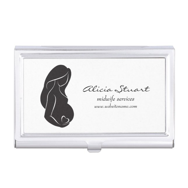 Silhouette Pregnant Woman Belly Heart Business Card Holder (Front)