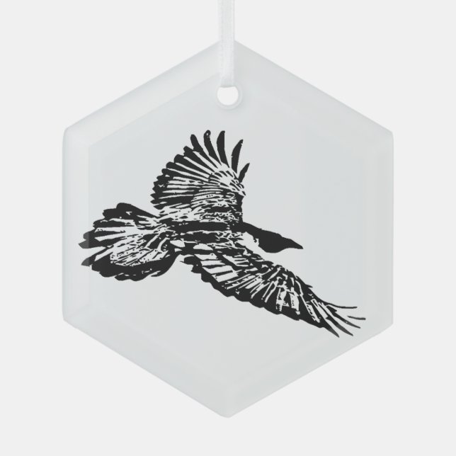 Silhouette Raven in Flight Bird Wildlife Nature  Glass Ornament (Front)