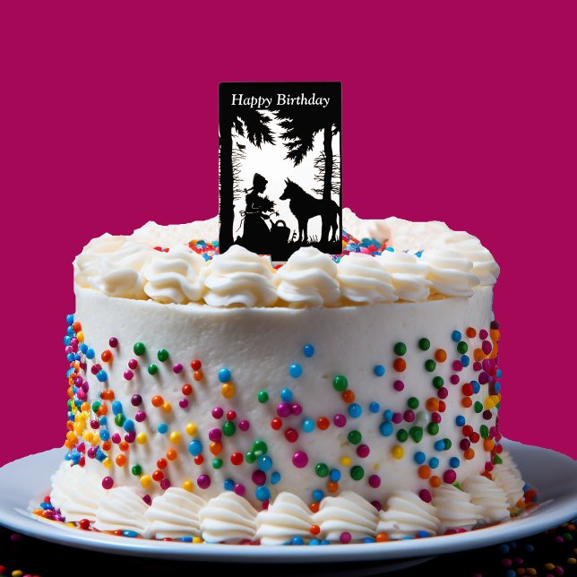 Silhouette Red Riding Hood Wolf Woods Birthday Cake Topper (Black white silhouette Little Red Riding hood wolf in forest on Birthday cake topper decoration.)